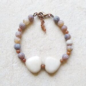 SWEETHEART!!! Unique Stone Heart Bracelet! Cream & Brown Agate + Jasper Beads
